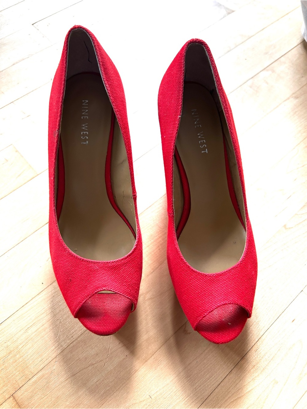 Nine West Red Peep-Toe Wedge Heels